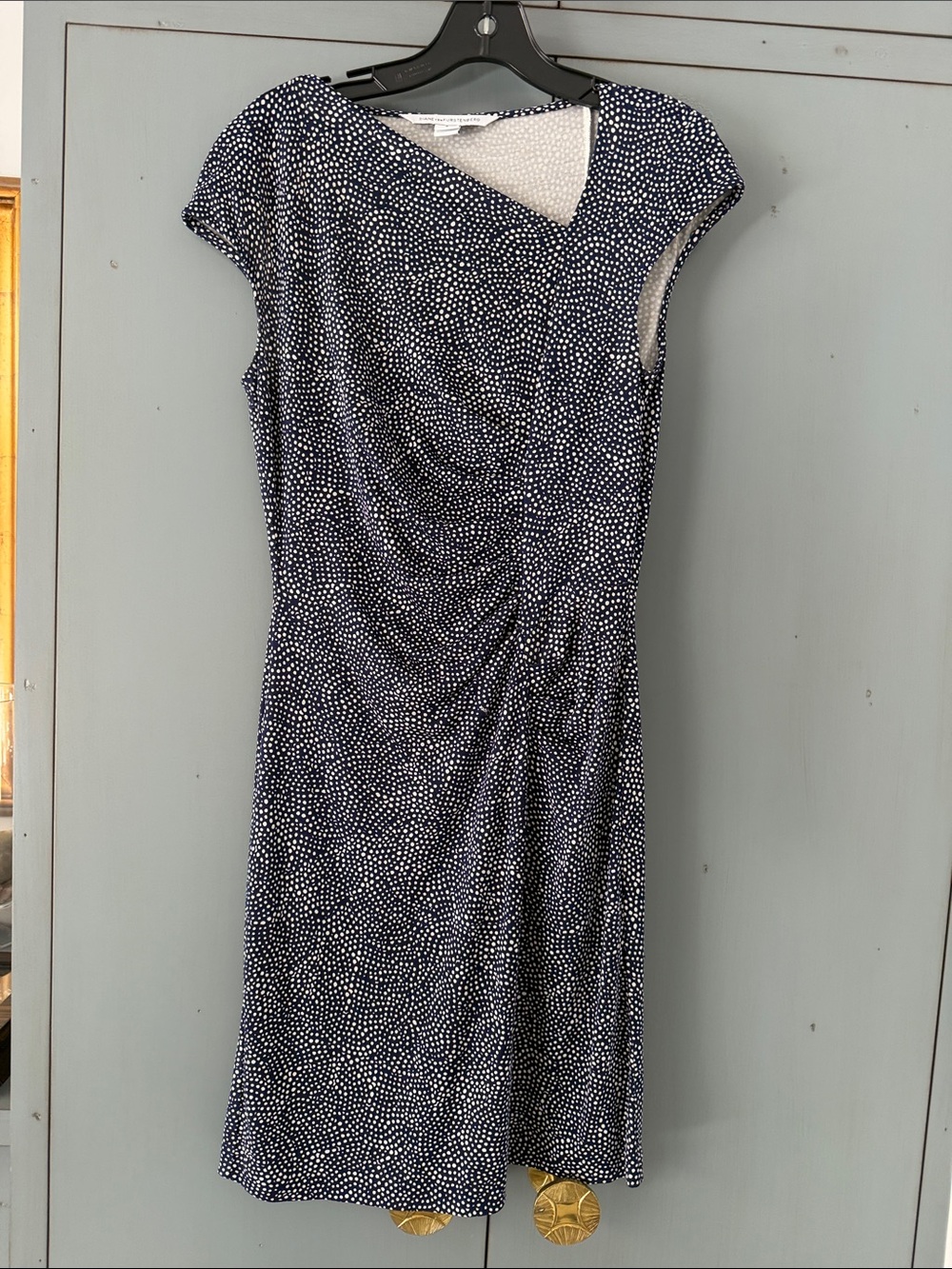 Diane Von Furstenberg Navy and White Polka Dot Dress with One-Sided Ruched Waist